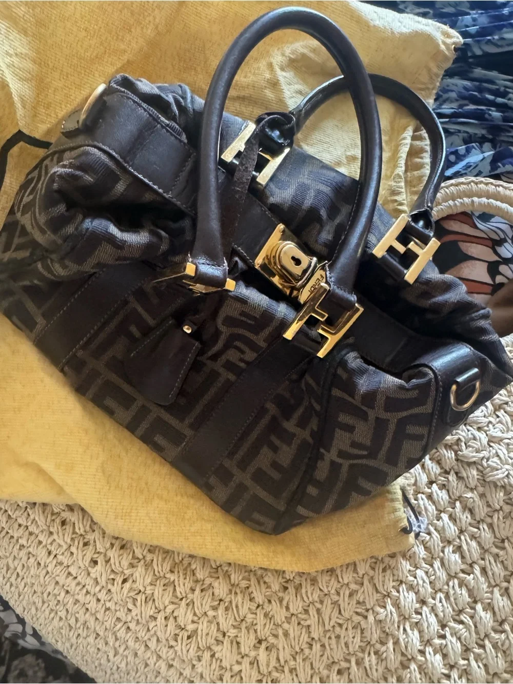 Fendi Designer-Style Zucca Monogram Satchel with Gold Hardware